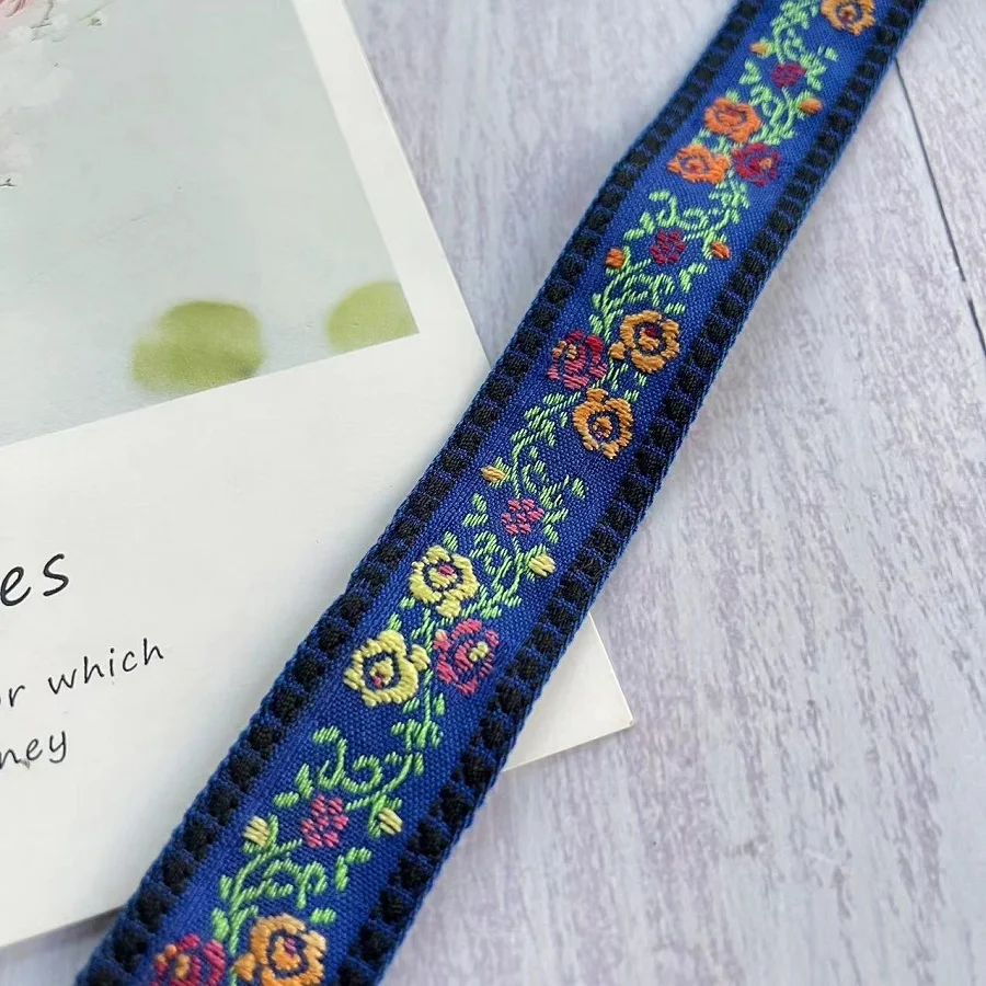 10 yards/lot 2.5cm Woven Jacquard Ribbon Blue Small Flower in blue Cotton For Clothing Accessories ls-9543