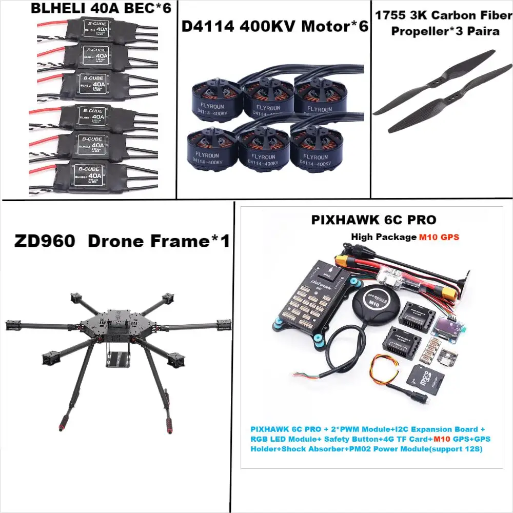 Angeltoy ZD960 PIXHAWK 6C PRO M8N/M9N/M10 marco hexa-rotor de fibra de carbono BLHELI 40A ESC Control de vuelo juego de telemetría Rado
