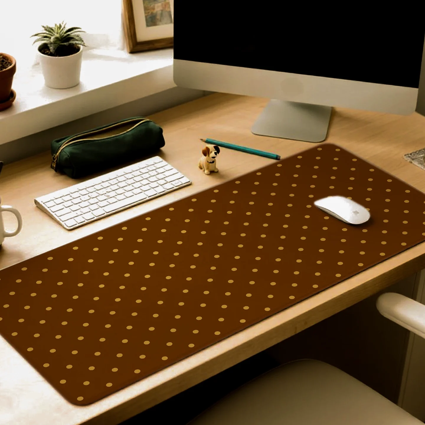 Korean Ins Brown Autumn and Winter Polka Dot Art Mouse Pad | XXL Illustration PU Leather Desk Mat for Laptop Premium Decor
