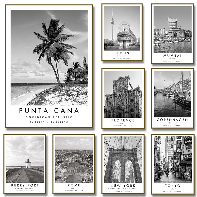 Famous Cities Rome Punta Cana Florence Berlin NewYork Poster Black and White Travel Wall Art Canvas Painting Prints Home Decor