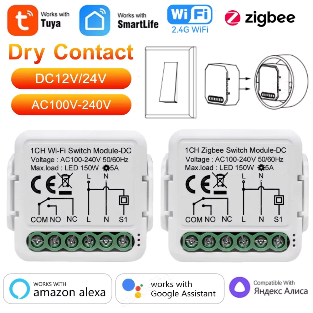 Tuya ZigBee WiFi Smart Switch Module Dry Contact DC 12/24V AC 100-240V Smart Home DIY Breaker Relay Work with Alexa Google Alice