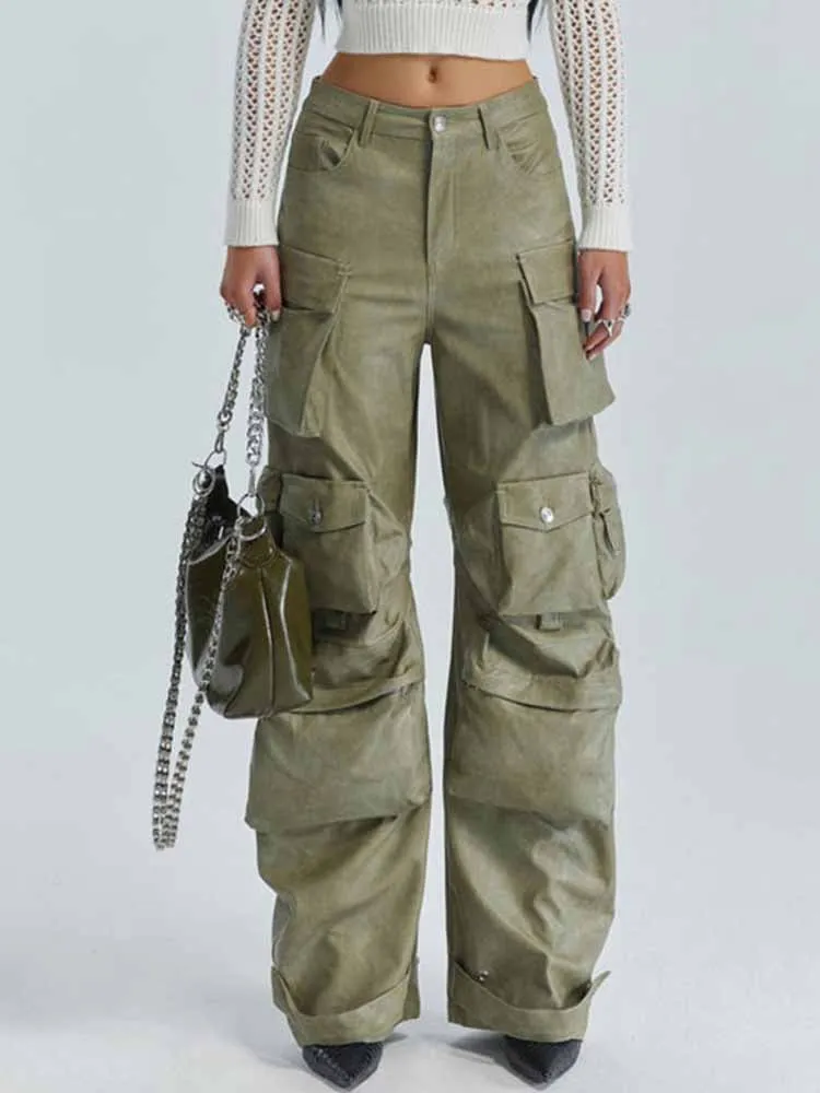 BKQU Spliced Multi Pockets Vintage Leather Pants Women High Waist Loose Straight Cargo Trousers Female Autumn Hip Hop Streetwear