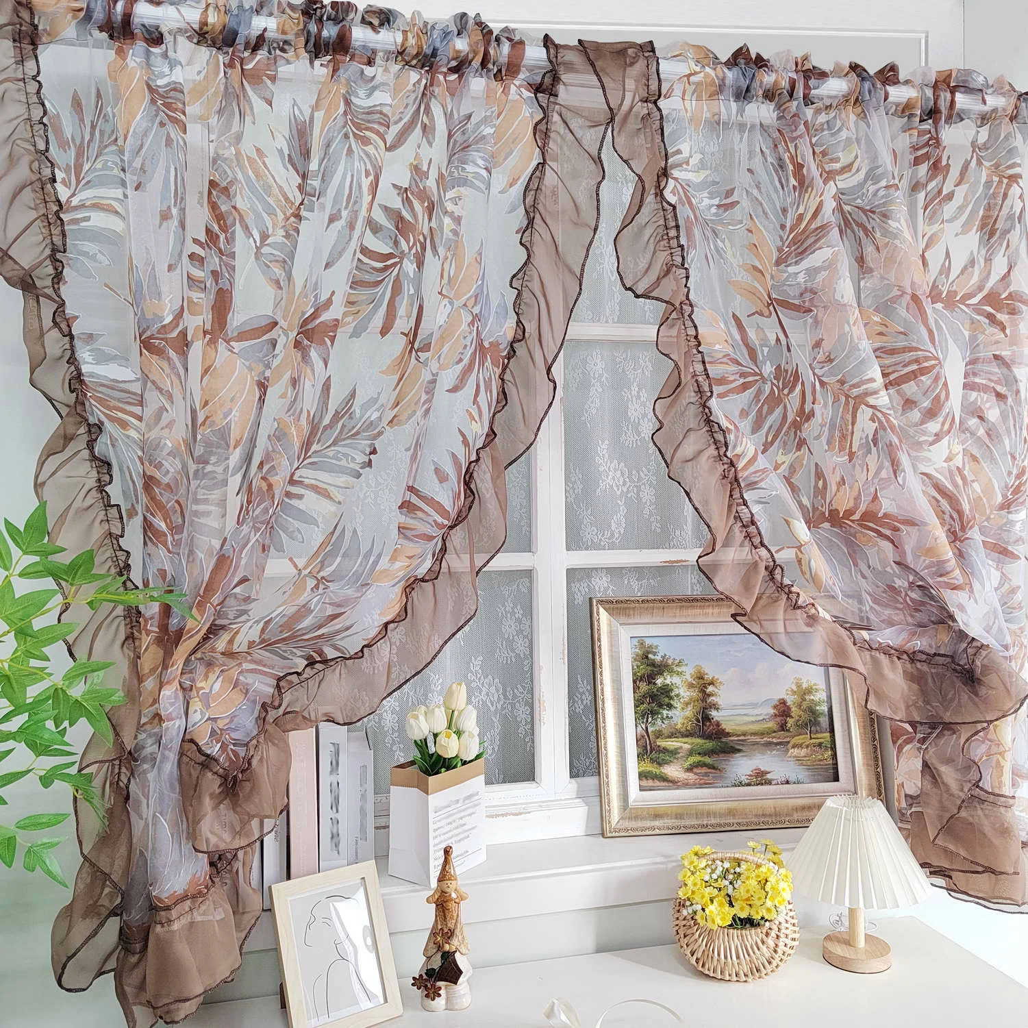 Brown Leaves Print Sheer Ruffle Curtains Cafe Light Filtering Tulle Drape for Kitchen, Restaurant, Living Room, Farmhouse Decor