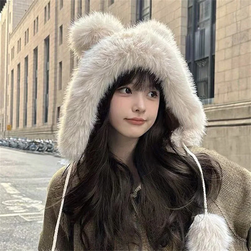 Cute Bear Ear Plush Hats For Women Girls Fluffy Thicken Imitation Mink Hair Ear Protection Bomber Hats Outdoor Warmer Caps