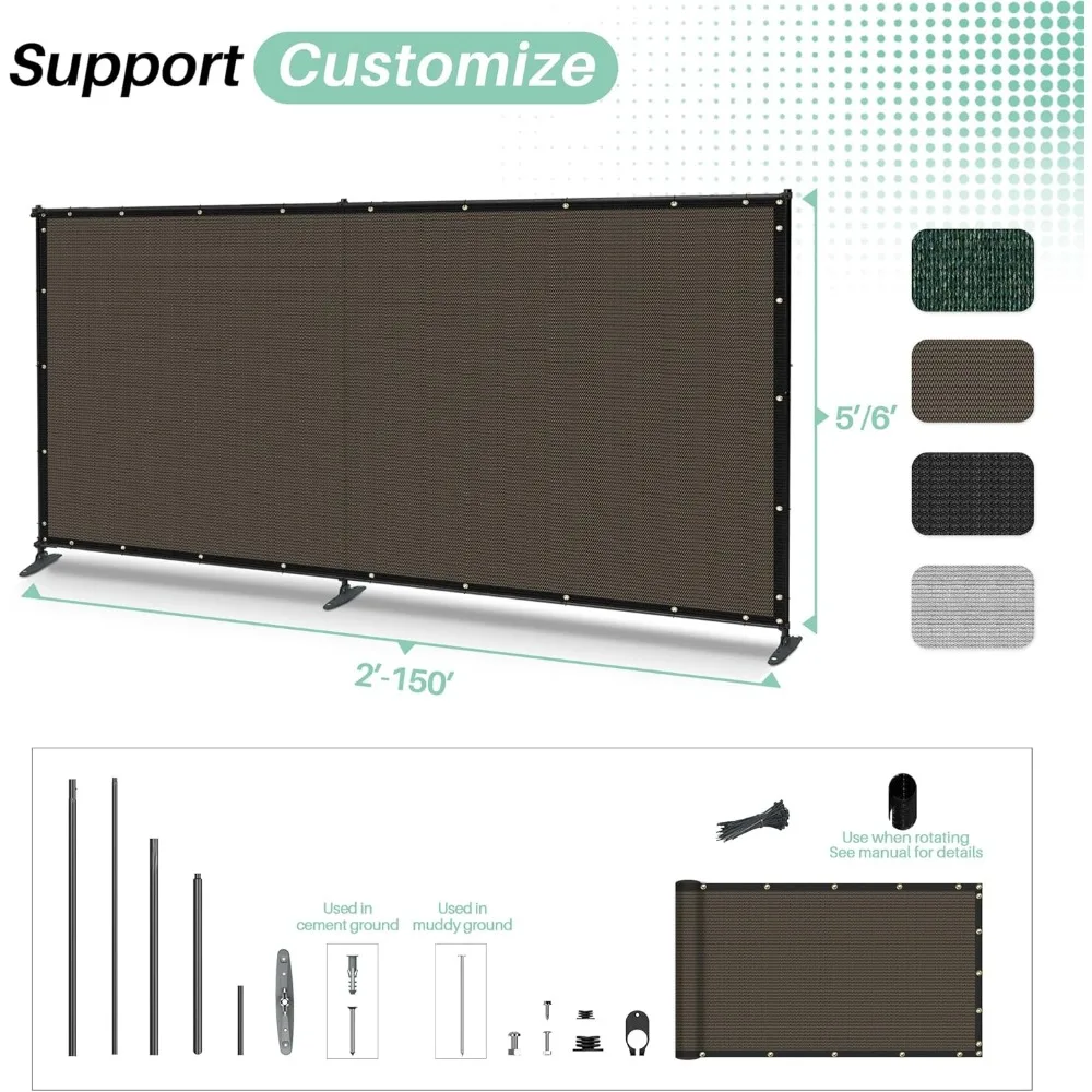 سياج خصوصية قائم بذاته مقاس 6 × 12 قدم مع أقطاب حديدية، شبكة زجاجية شديدة التحمل لفناء الحديقة الخارجية #4