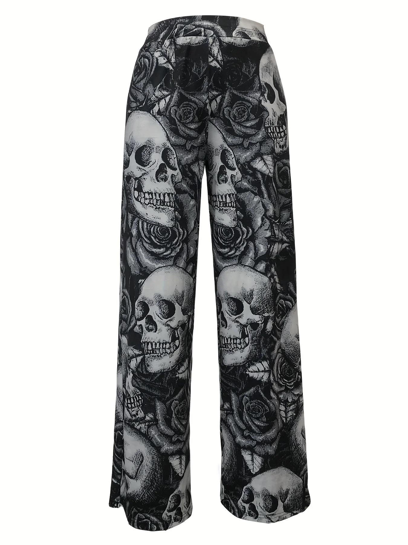 Kobiety Gothic Style Skulls Printed Wide Leg Pants With Pockets Ladies High Wiats Full Length Pants Ladies Chic Wide Leg Pants