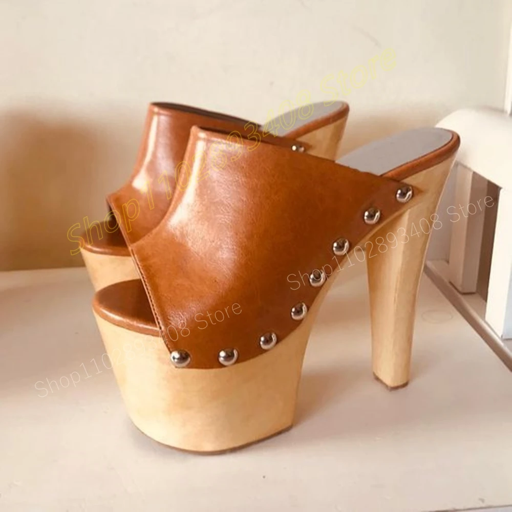 Brown Matte Leather Rivets Peep Toe Slippers Chunky High Heel Concise Slip-on Fashion Sexy Women Shoes 2024 Zapatos Para Mujere