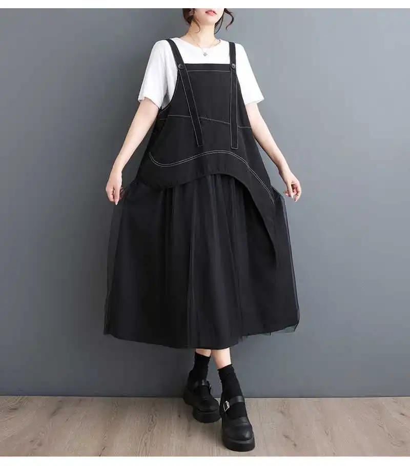 Dress Women Patchwork Loose Sleeveless Suspender Dresses Casual Elegant Vestidos Mesh Spliced Ladies Party Summer 2025