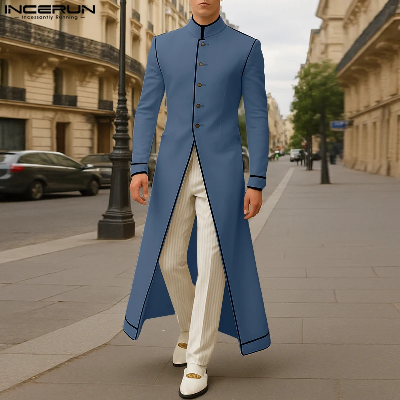 

INCERUN Men Long Style Blazer Patchwork Stand Collar Long Sleeve Button Casual Suit Men Streetwear Loose 2025 Fashion Male Coats