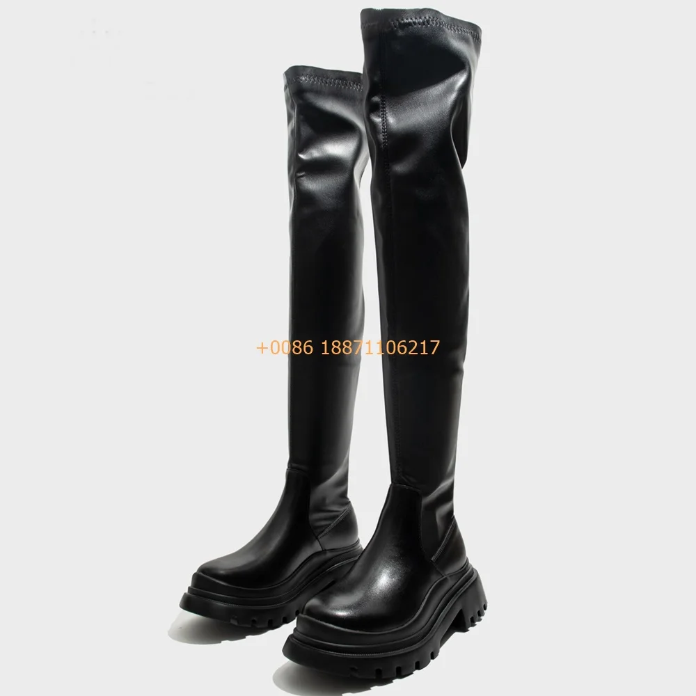 

Women's Black Sexy Over Knee Boots Winter New Round Toe Model Elegant Chelsea Boots Street Fashion Rivet Casual Leather Boots