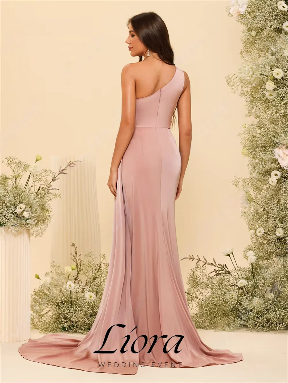 Liora Customized One Shoulder Bridesmaid Dresses For Women With Slit Elegant Silk Satin Side Train Zipper Back Evening Prom Gown