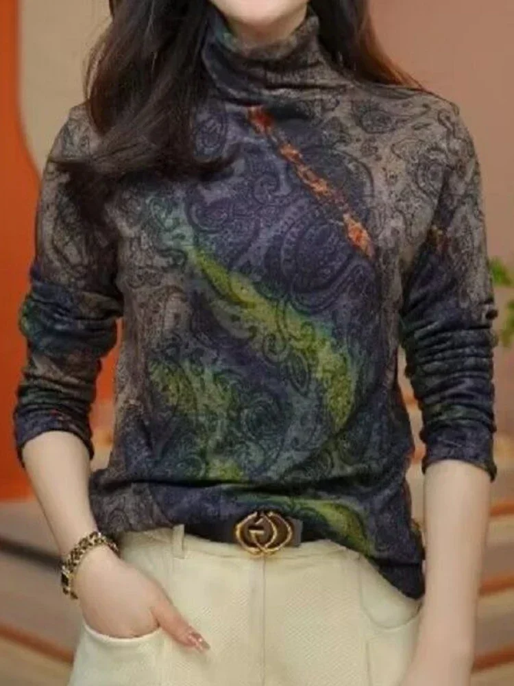 Odzież damska Jesień Zima Vintage Print Grube Ciepłe Podstawowe T-shirty Damskie Eleganckie Wysokie Kołnierzyki Długi Rękaw Slim Pullover Tops — zdjęcie 2