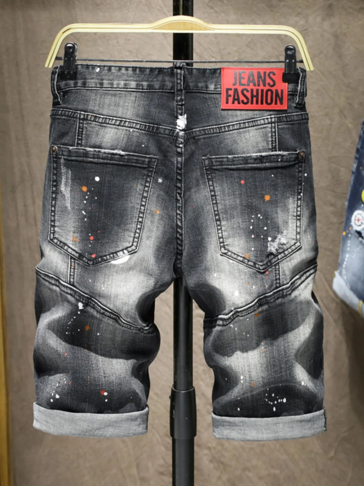 Summer Thin Casual Men's Denim Shorts Five-Point Pants Slim Fit Elastic Spattered Hole Patchwork Leisure Splicing Mid-Pants