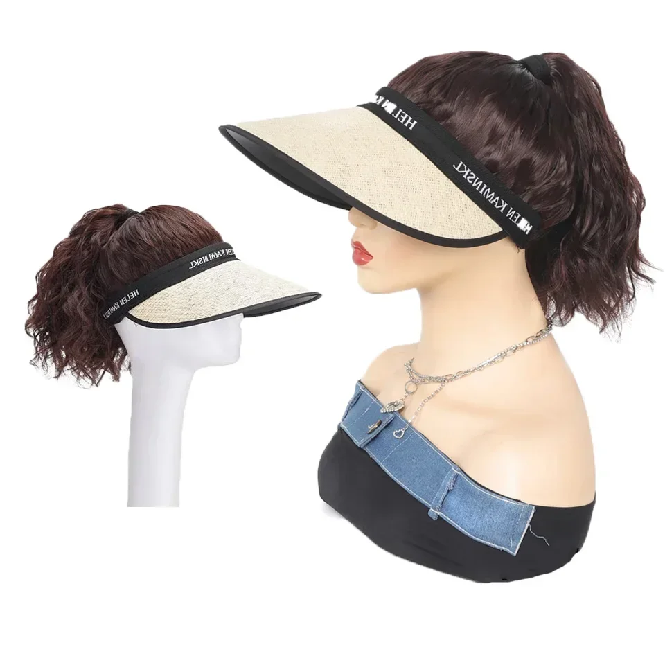 Synthetic Wigs Ladies Fashion Beige Khaki hat Wig Wavy hair design mechanism summer shade breathable hair extensions Wig female