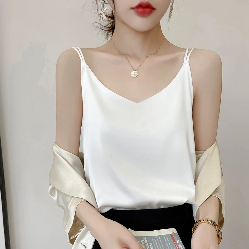 Summer New Silk Suspended Tank Top Design Sense Women Wear Beautiful Back Sexy and Fashionable Satin Silk Top