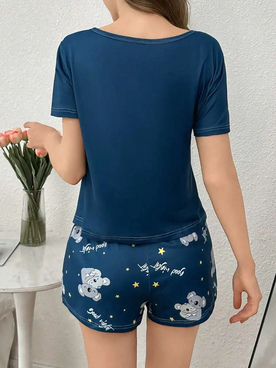 

Cute Koala Print Women Pajama Set Sleepwear Short Sleeve Top And Shorts
