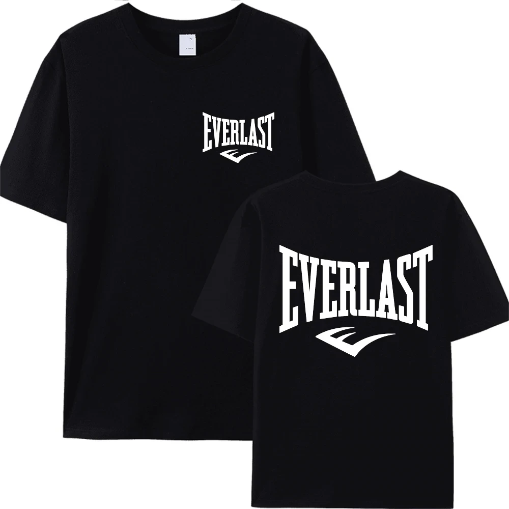 Buy All-cotton EVERLAST Boxing Logo T-shirt Men's and Women's O-collar Printed T-shirt Harajuku Street Hoodie Popular Loose One