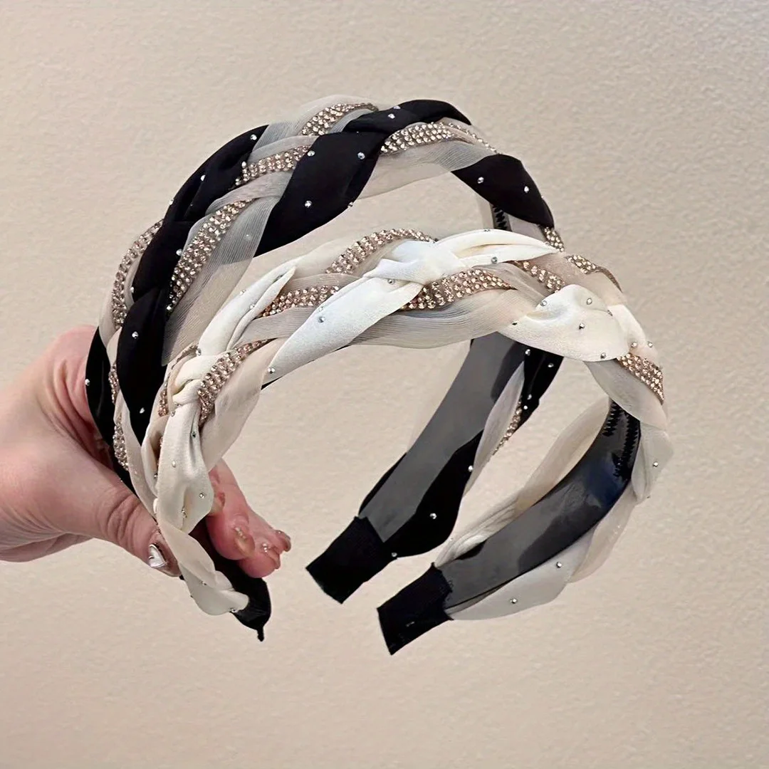 

Elegant Color Block Hairband Braided Rhinestone Design Cross Weave Mesh for Women Girls Daily Dating Hair Accessories Headwear