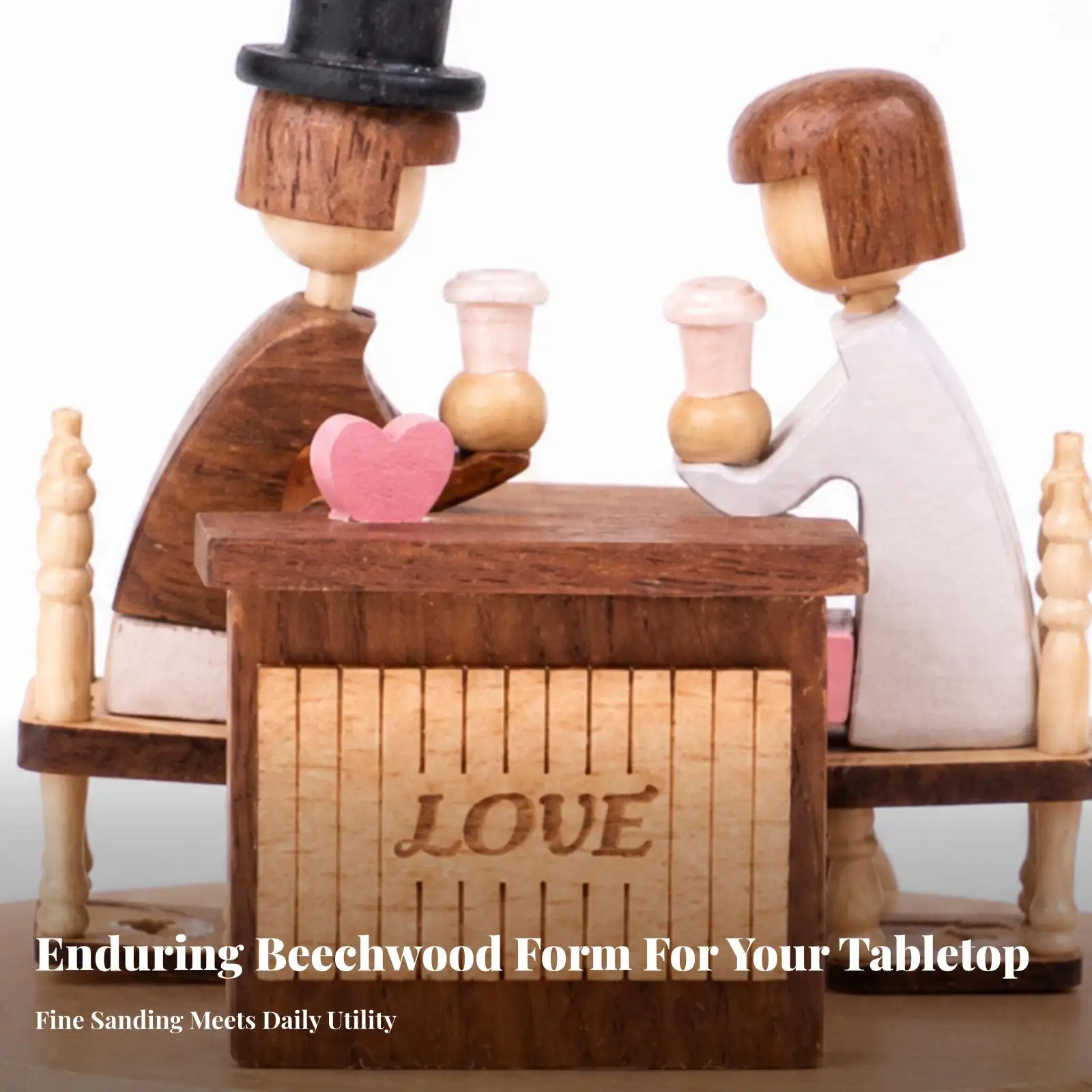 Rotating Musical Wooden Decorative Box Carved Love Theme for Shelf Table White Beech