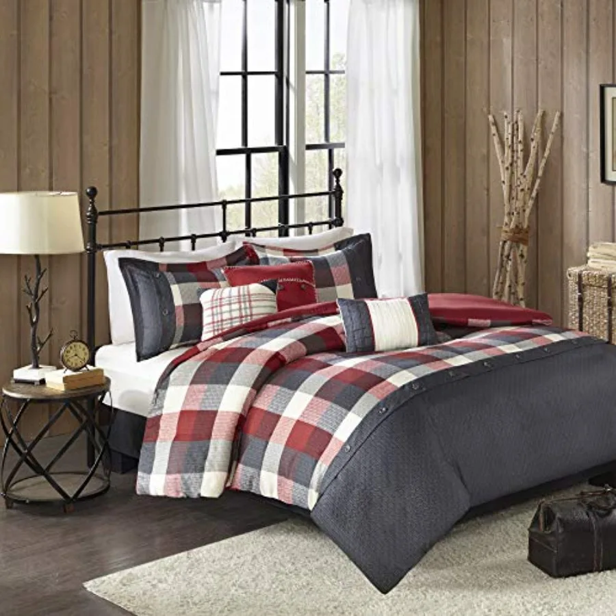 

Ridge Comforter Set - Cabin Lodge Plaid Herringbone Design All Season Down Alternative Cozy Bedding with Matching Bedskirt Sham
