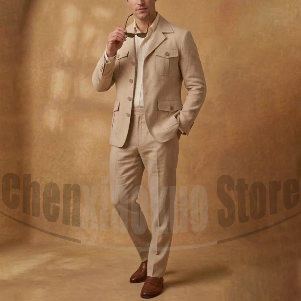 Fashion Linen Men Suit 2 Piece Multi Pocket Single Breasted Outfit Slim Fit Formal Blazer Pants for Summer Wedding Party
