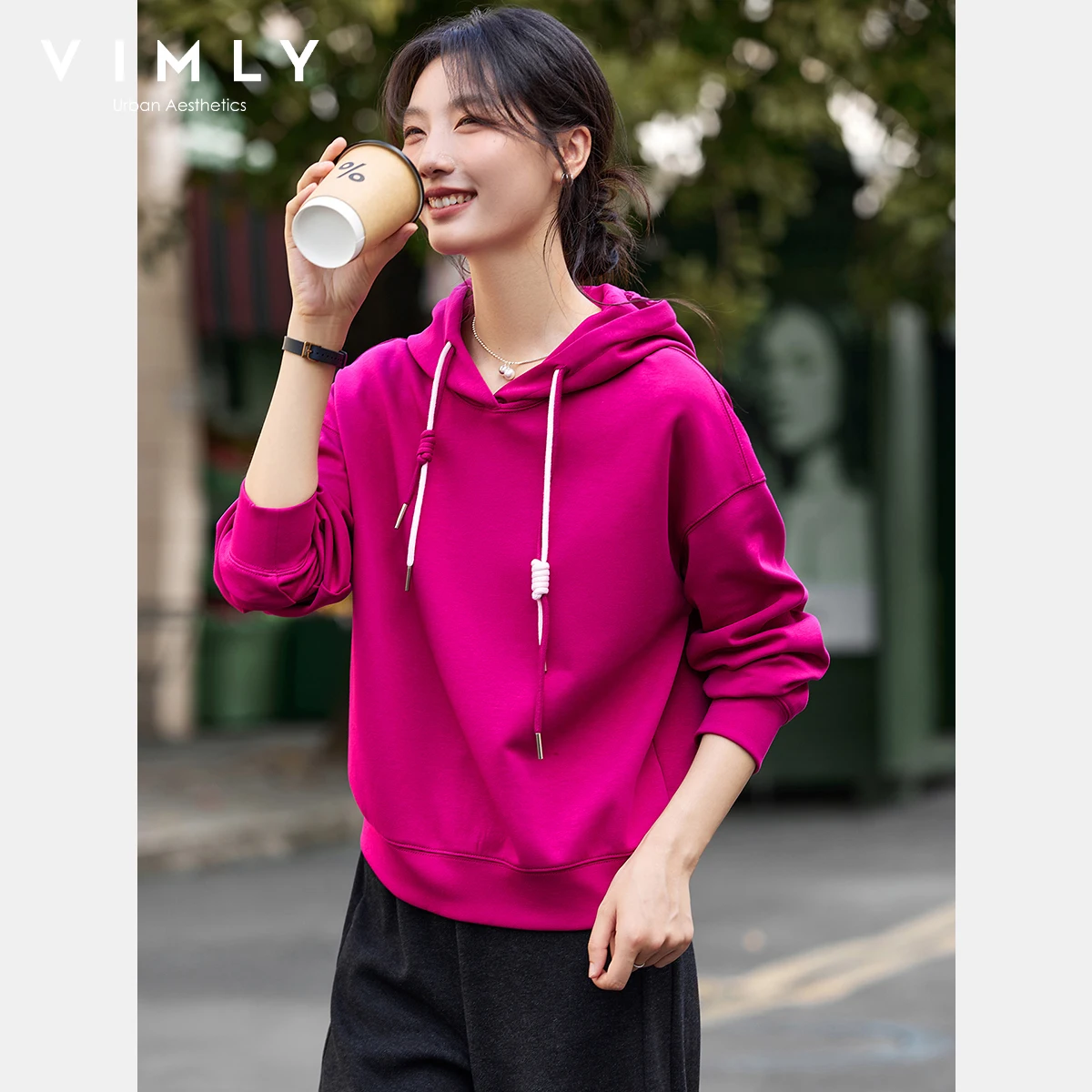 VIMLY Women's Red Hoodies Oversize Sweatshirts Casual Autumn 2025 New Long Sleeve Tops Draw String Knitted Female Sweater A2075