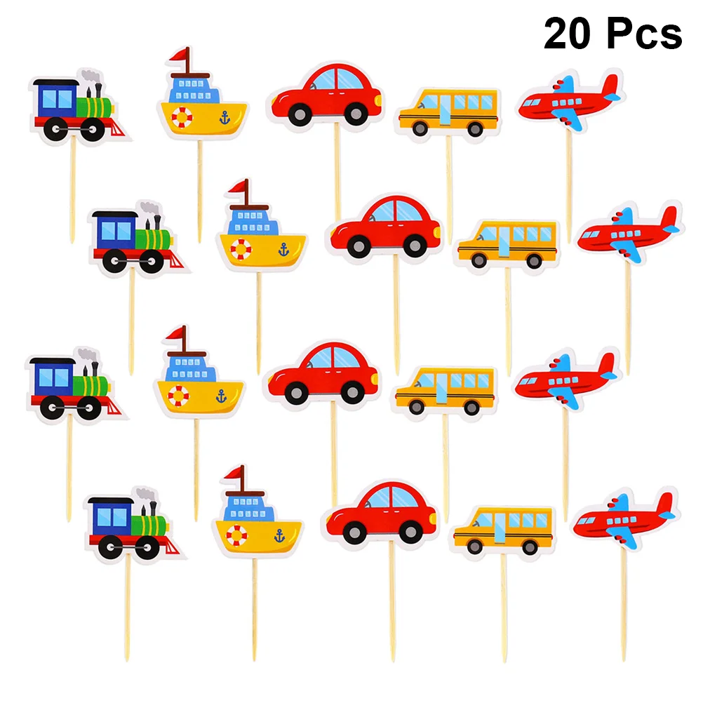 20 Pcs Cake Toppers Car Picks Decorating Cute Birthday Party Favors Bamboo Wooden