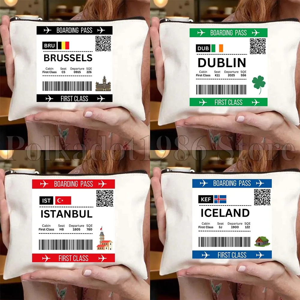 

Edinburgh Istanbul Moscow Bogota Brussels Dublin Boarding Pass Canvas Bag Travel Cosmetic Bags Fashion Toiletry Makeup Bag