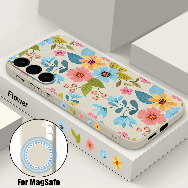 Flower Soft Silicone Magnetic Case For Samsung Galaxy S24 S23 Ultra S22 Plus S21 S20 FE For Magsafe Wireless Charge Phone Cover