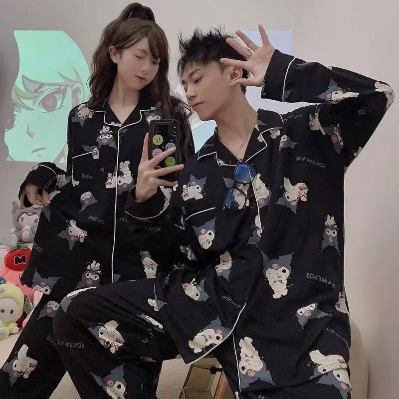 Y2K Kuromi matching Pajamas for Couple Hello Kitty Pyjamas Set Sanrio Fashion Sleepwear Women Men Black Long Sleeve Top Shirts