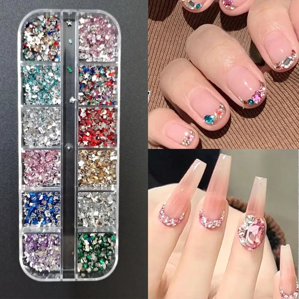 12Grids Pink Multi Shapes 3D Flat Bottom Nail Rhinestones Luxury Crystal Star/Heart Gems Nail Charms Diamond Manicure Decoration