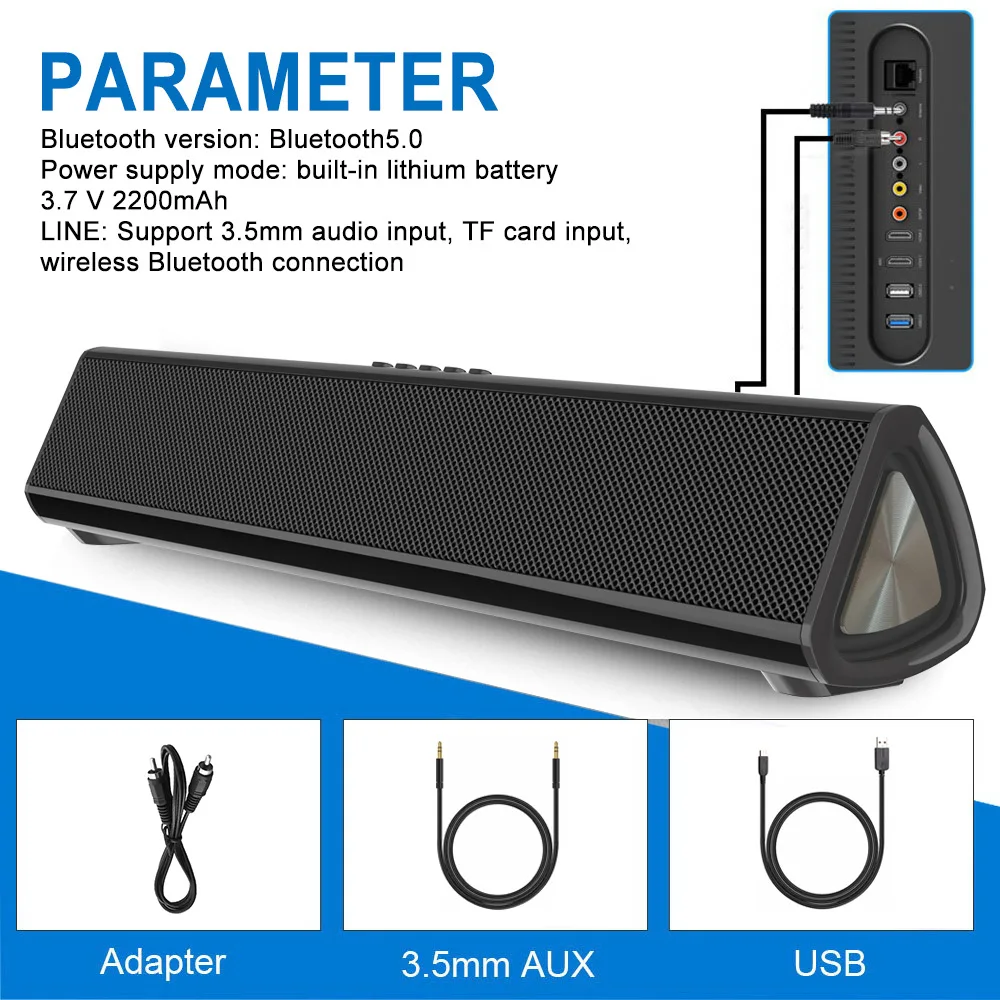 Petite barre de son pour TV cinéma avec Bluetooth, connexion USB AUX, système audio 2.1, adapté aux haut-parleurs portables sans fil d'extérieur