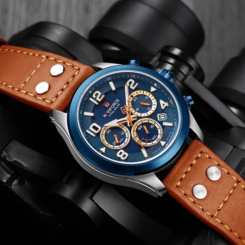 

NAVIFORCE Business Casual Wristwatch Men Automatic Mechanical Watch Retro Style 5ATM Waterproof Luminous Hands LED Leather Strap