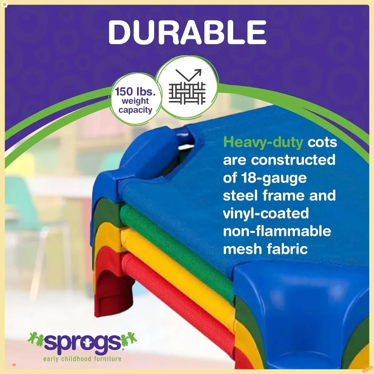 52インチ スタッカブル保育園用簡易ベッド、4個パック、アソートカラー、お昼寝用