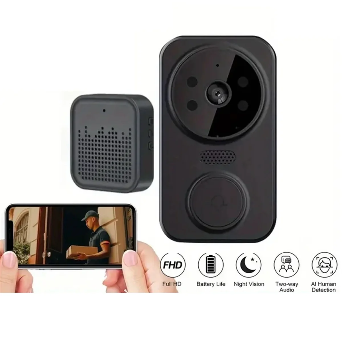 Caméra de sonnette Tuya Smart Home, sonnette vidéo sans fil, caméra WiFi Smart Life, noir