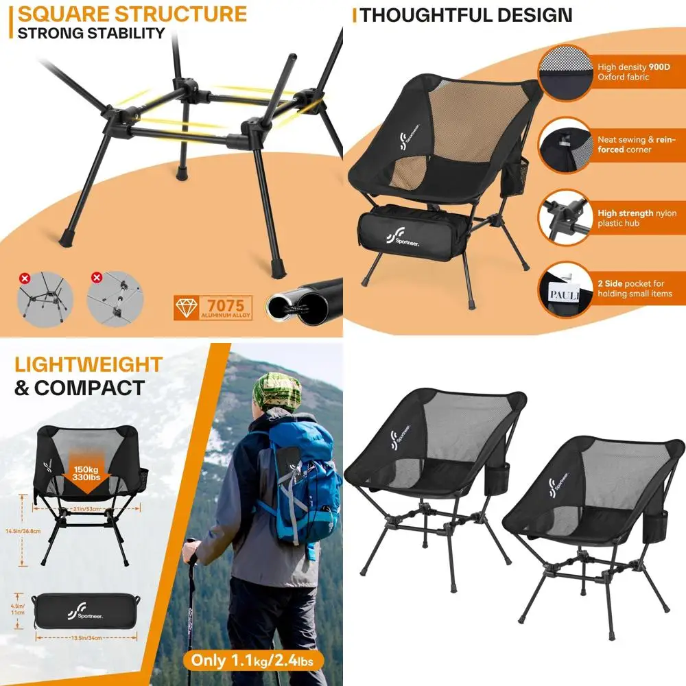 

Portable Folding Lawn Chairs with Pockets and Carry Bag, Ideal for Camping, Hiking, Picnics, and Beach Trips (2, Black)