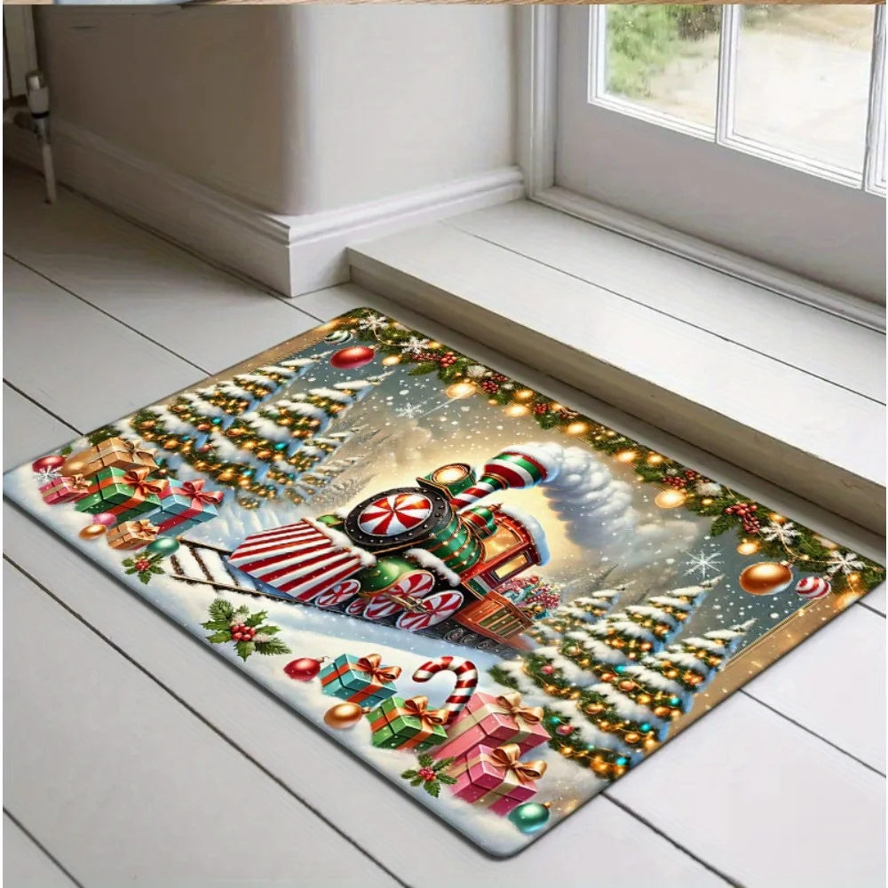 Christmas Tree Train Print Door Mat Living Room Entrance Welcome Mat Kitchen Bedroom Bath Non-slip Rugs Christmas Decorations