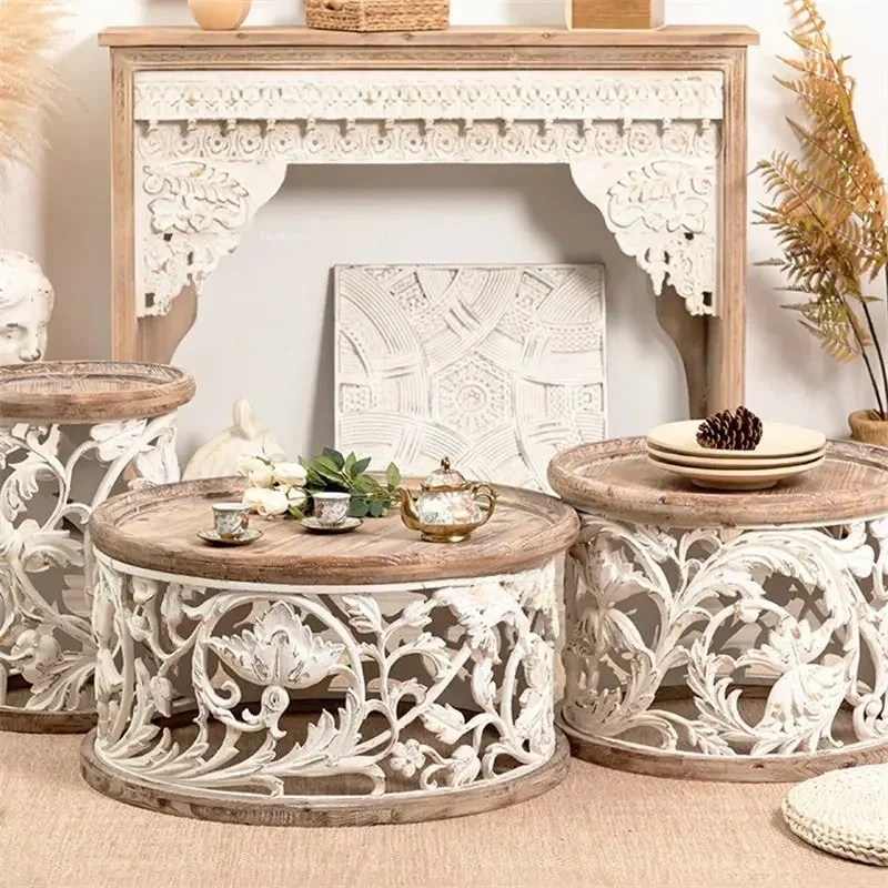 

Мебель для гостиной, домашний торцевой столик, современные круглые журнальные столики из цельного дерева для креативного ретро-резного дивана для проживания в семье, приставной столик