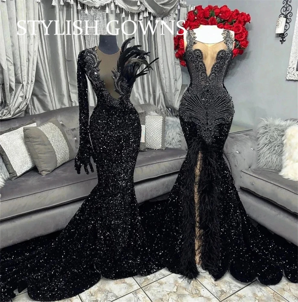 Vestidos largos de fiesta con lentejuelas negras brillantes, vestido de fiesta de cumpleaños de cristal con cuentas de plumas, vestidos de noche con cuello redondo de sirena personalizados