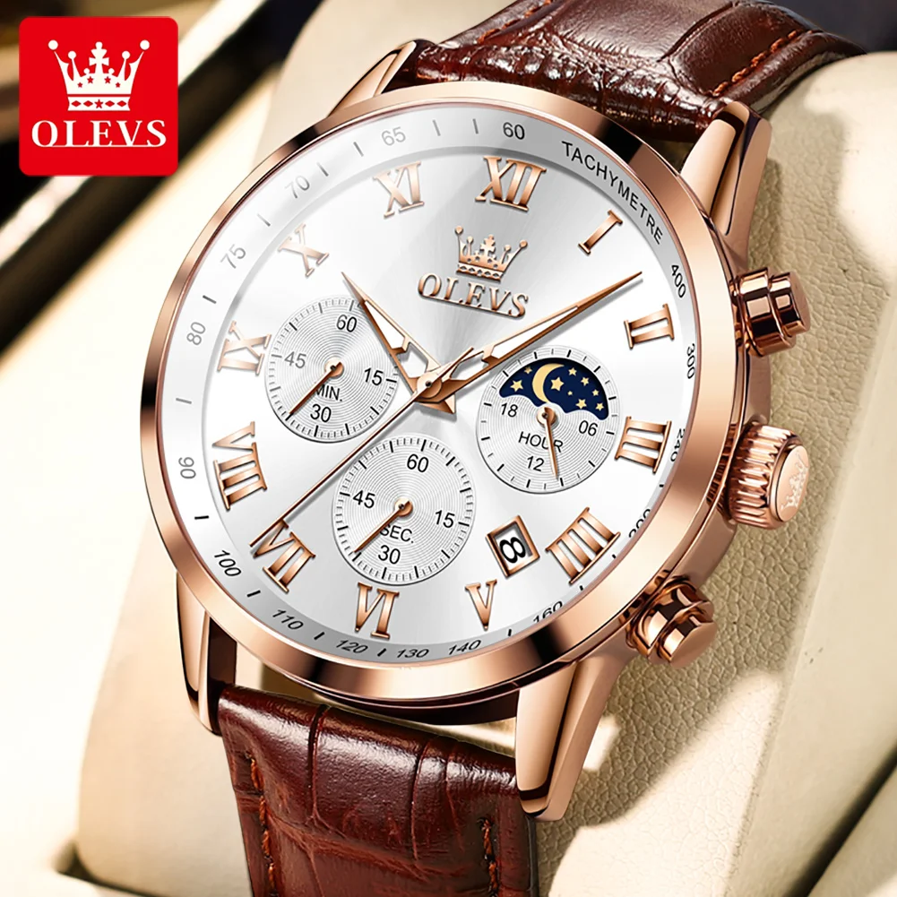 

OLEVS New Mens Watches Top Brand Luxury Leather Moon Phase Quartz Watch for Men Sport Waterproof Date Chronograph Wristwatches