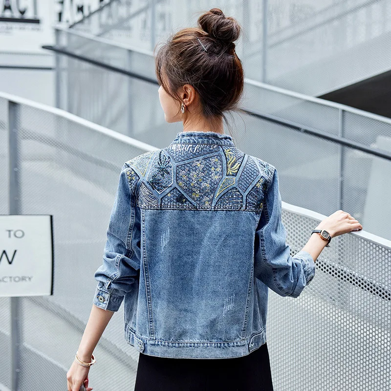 Vintage Short Denim Jackets Women's 2026 Autumn New Korean Jacket Tops Casual Sequins Embroidery Outwear Long Sleeve Jeans Coat