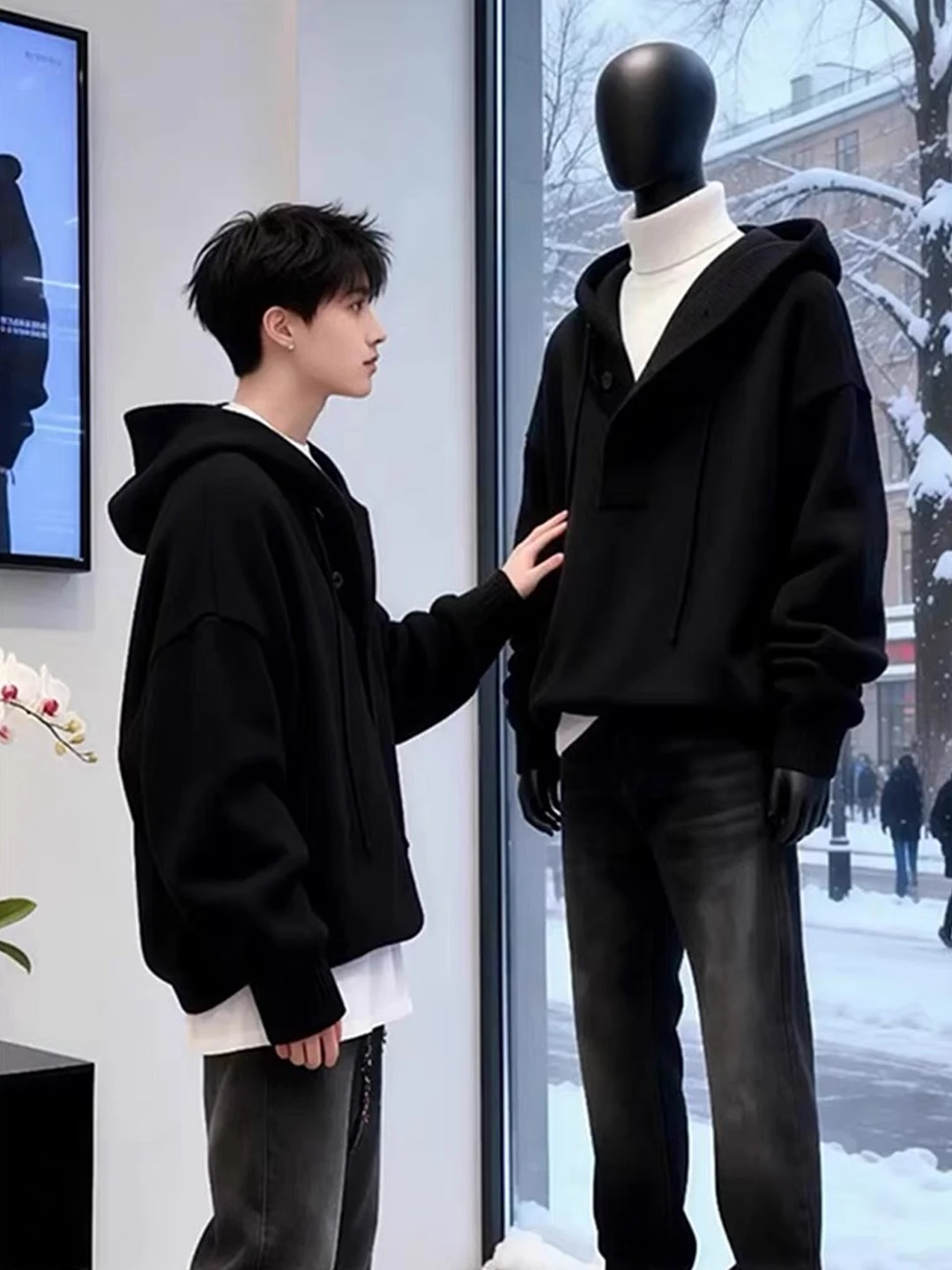 

Black Hooded Knitted Sweater Men's Autumn Winter Lazy Style Knitwear Soft Loose Fit Daily Wear Long Sleeve Coat Youth Fashion