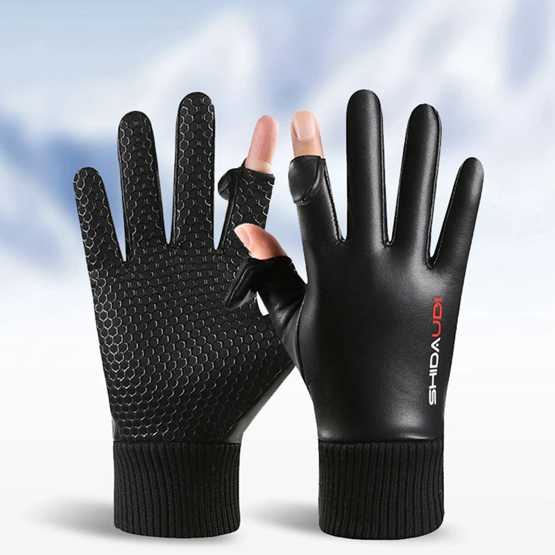 Two Fingers Flip-Up Gloves, PU Leather Warm Gloves, Waterproof and Cold-Proof, Winter Outdoor Cycling, Driving and Fishing