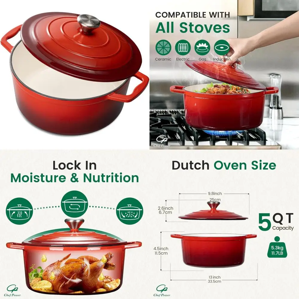 

Enameled Cast Iron Dutch Oven 5QT - Perfect for Bread Baking, Braising, Stews, Roasting, Oven Safe Cooking Dut