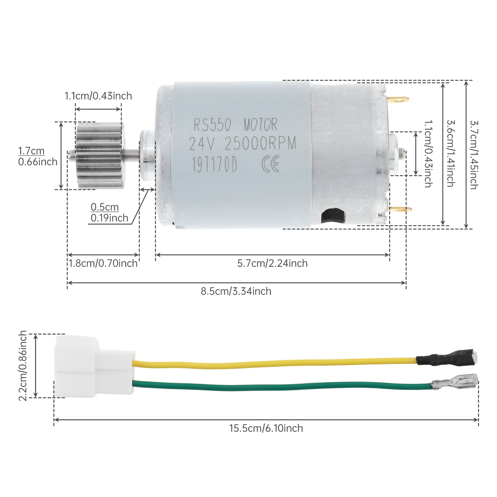 8-19 Teeth RS550 DC Motor 24V 25000RPM High Speed Electric Motor for Electric Ride On Vehicles with Welding Free Connecting Wire