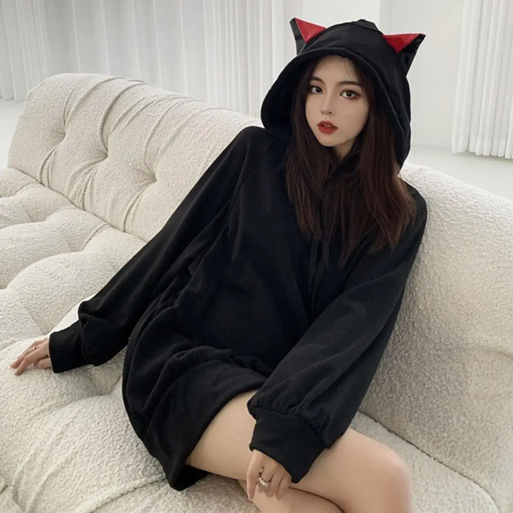 

Women Soft Hoodie Cozy Cat Ear Hoodie Stylish Women's Autumn Winter Pullover with Elastic Cuffs Mid-length Warmth Lady Winter