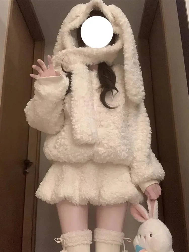 Harajuku Sweet Rabbit Ear Hoodie Lambswool Coat Women+ Y2k High Waist Fur Skirts 2024 Autum Winter New Two Piece Sets