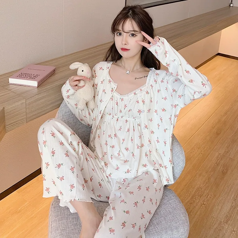 

3PCS/Set Cotton Pajamas Women Long Sleeve Trousers Sexy Stripe Floral Print College Students Sleepwear Girl Nightwear Homewear