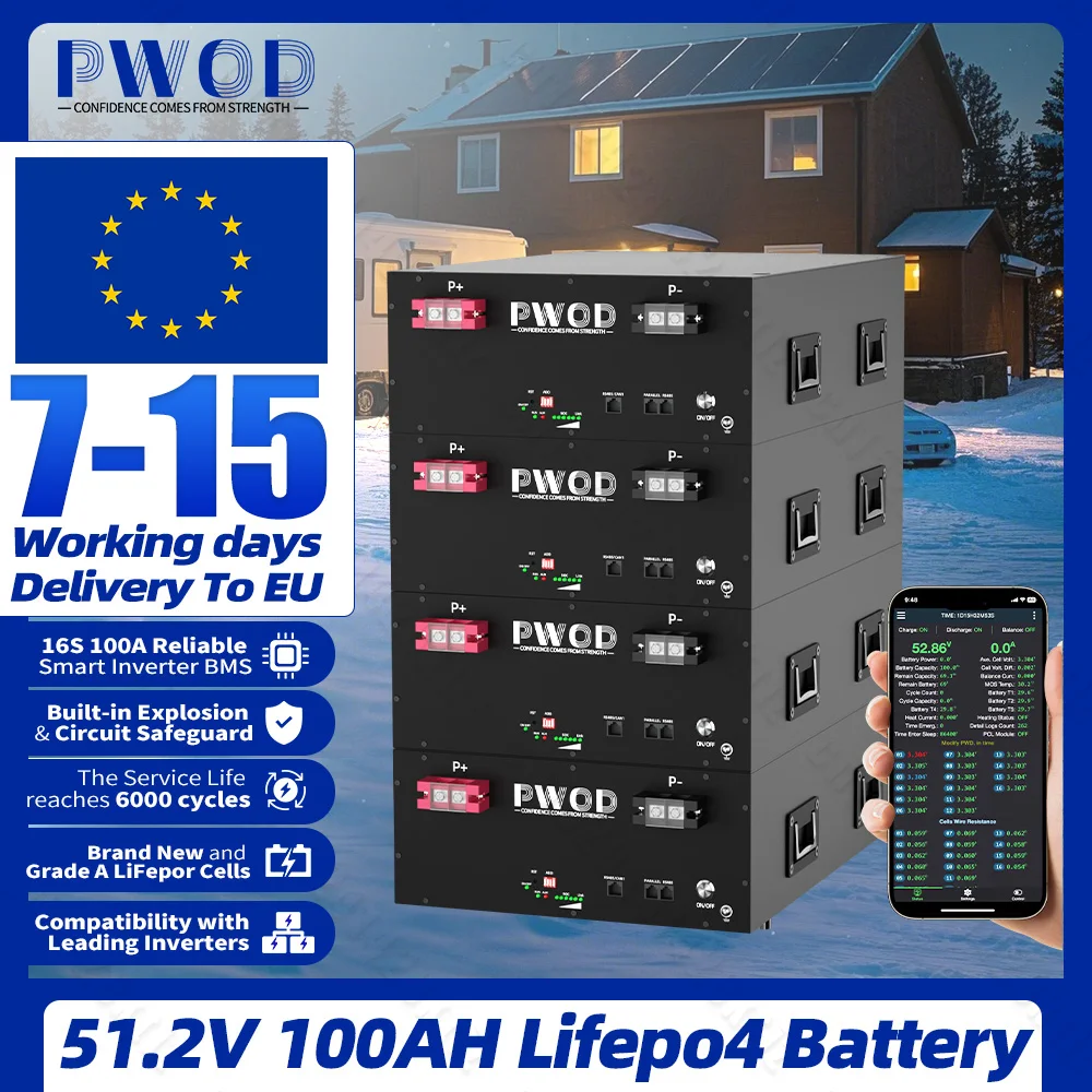 Batería PWOD 48V 100AH Lifepo4 con Bluetooth, BMS de equilibrio activo 1A, paquete de baterías de fosfato de hierro y litio, celdas LFP para energía solar doméstica