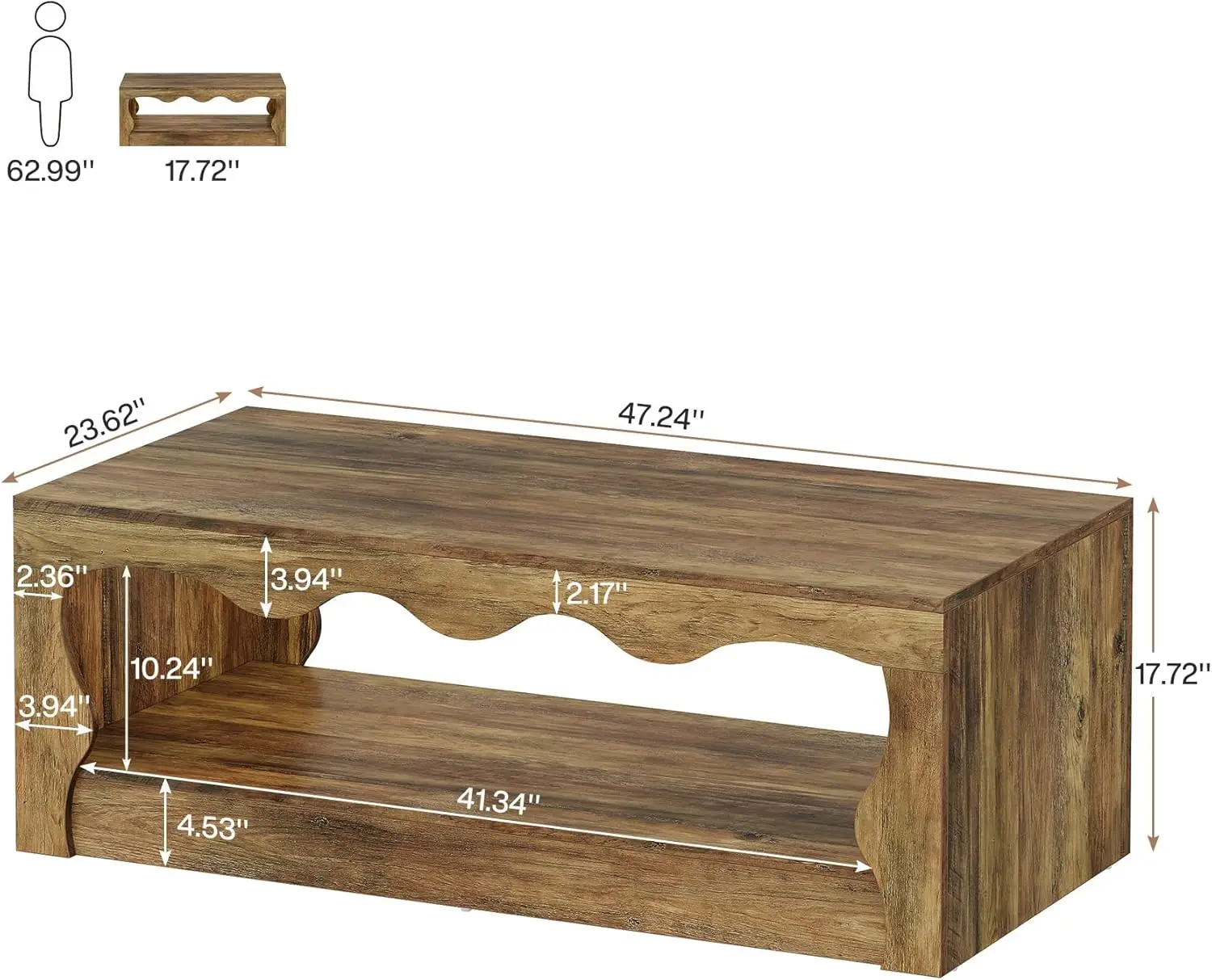 Rectangle Coffee Table, 47-Inch Farmhouse Coffee Tables for Living Room, 2-Tier Wooden Rectangular Accent Center Low Cocktail